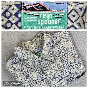 Reyn Spooner Hawaiian Dress Shirt Men L Geometric Print Short Sleeve button up